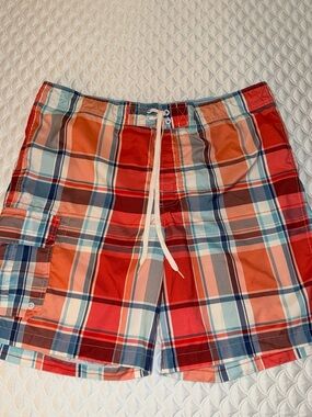 Merona Men's Plaid Swim Trunks in Red and Blue